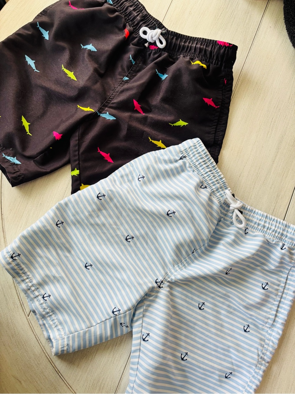 Boys Size 8 - Two-Pack Swim Shorts - Navy Shark Print & Light Blue Anchor Stripe
